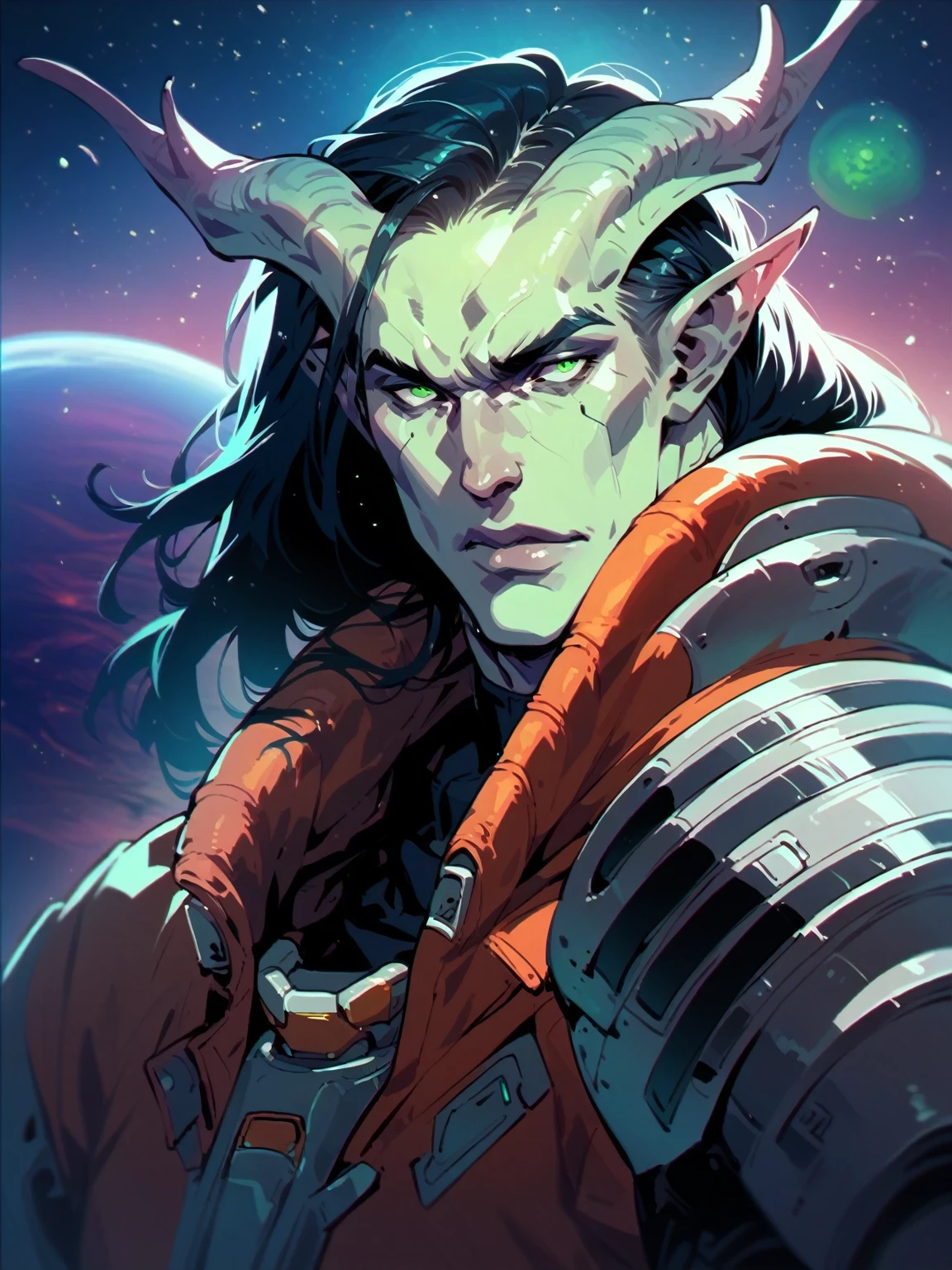 Tiefling, one character, solo male, alien horns, male, young male, sci fi, space, space clothes, long hair, black hair, green eyes, aquamarine skin, cosmic, space suit, cosmic feature, alien, futuristic space suit, twink, boyish face, short face, relaxed, (joyish)