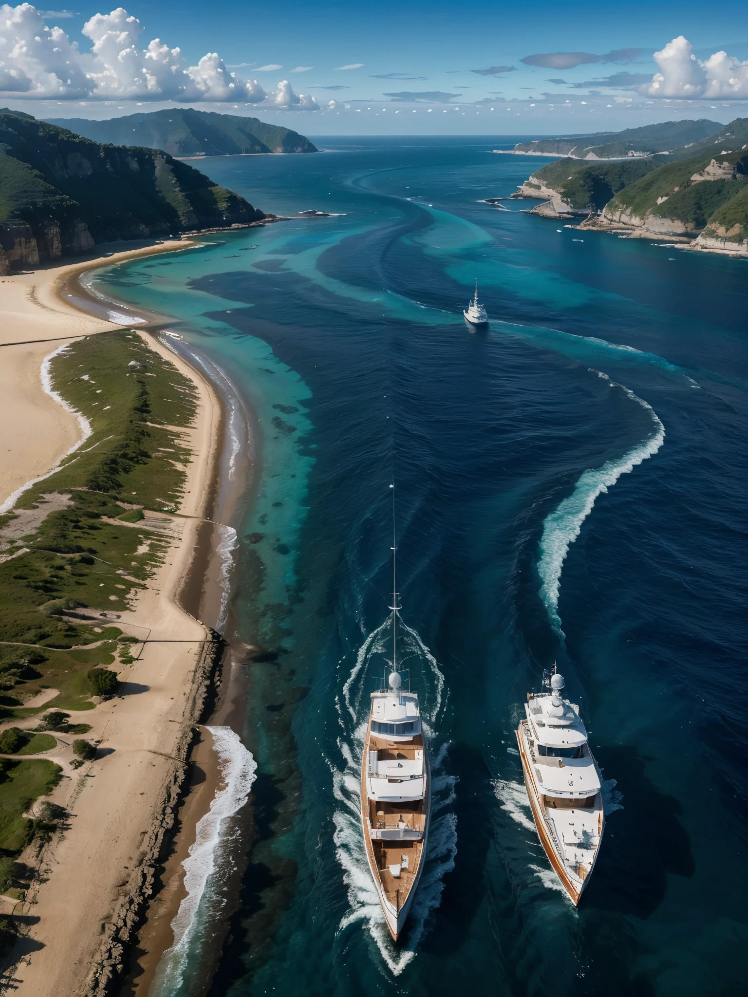 8k, RAW photo, best quality, ultra high resolution, (photorealistic), panoramic photo of saustralian ocean, yachts in the ocean, (extremely detailed CG unity 8k wallpaper), Sharp focus, (bright light)
