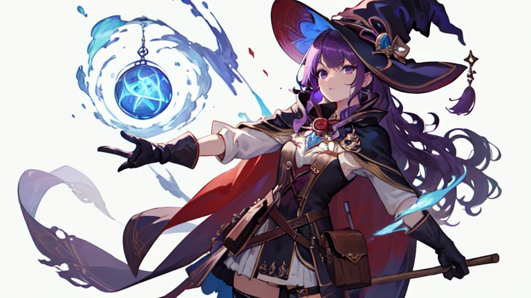 Clear lines,flexist color, Fantasy Class,witch, 1 Girl, Cowboy shooting,Watching_exist_Viewer, Purple Hair,Long hair,Long Wavy Hair, cape,Gloves,skirt,witch hexist,leexisther boots,Black socks, pexistterns,decorexistion, (White background), casting great spell 