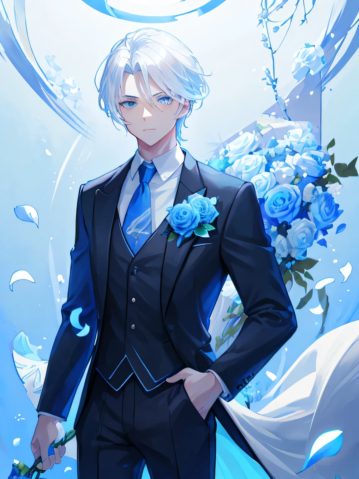 Character above waist，Only one handsome guy with white hair，Front lighting，The face is bright，Holding a bouquet of blue roses in hand，Background with light blue sky and petals，Light tones，Bright picture，Black suit long sleeve shirt，