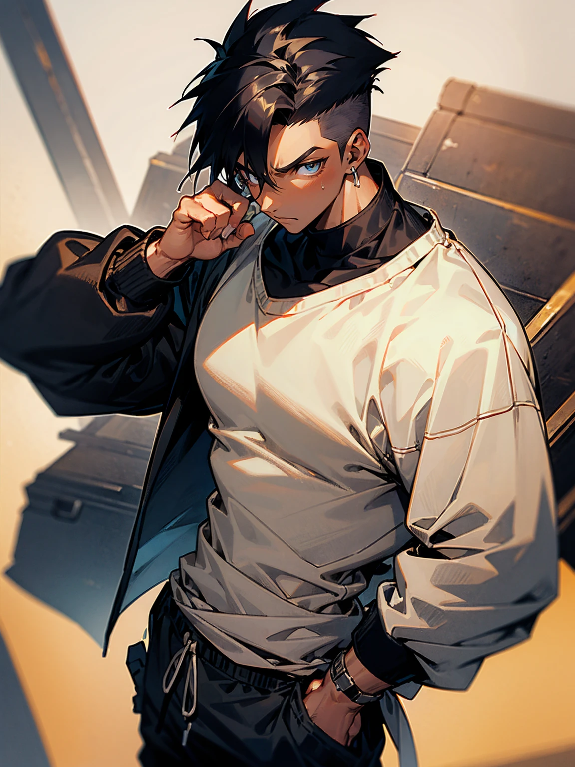 1male, dark skin, spiky hair, cream hair, undercut hair, black sweatshirt, tied to waist, black sweatpants, serious, lean build