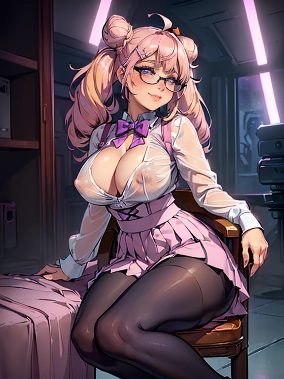 ((((sex)))),Crying face、Naughty、sexual behavior、((((Super Breasts))))、((((Thick legs)))),((((Titty fuck)))),((Voluptuous))、Pussy、Pussy、Nipples,areola,BBW,sexly,1girl, solo, long hair, breasts, looking at viewer, blush, smile, bangs, skirt, large breasts, shirt, hair ornament, long sleeves, bow, cleavage, twintails, sitting, closed mouth, purple eyes, white shirt, pink hair, ahoge, heart, pantyhose, sidelocks, pleated skirt, open clothes, glasses, hairclip, collared shirt, indoors, bowtie, hair bun, Good, see-through, black pantyhose, open shirt, double bun, arm support, hair intakes, pink skirt, high-waist skirt, purple bow, suspender skirt, shirt tucked in, purple bowtie, see-through shirtBeautiful Young Woman wear a Star Trek Uniform, sitting on chair on Enterprise cantina, Blond Hair, Blue eyes, perfect Skin, Perfect Body, Perfect Face, masterpiece, 8k. Sublime Light, rimlight