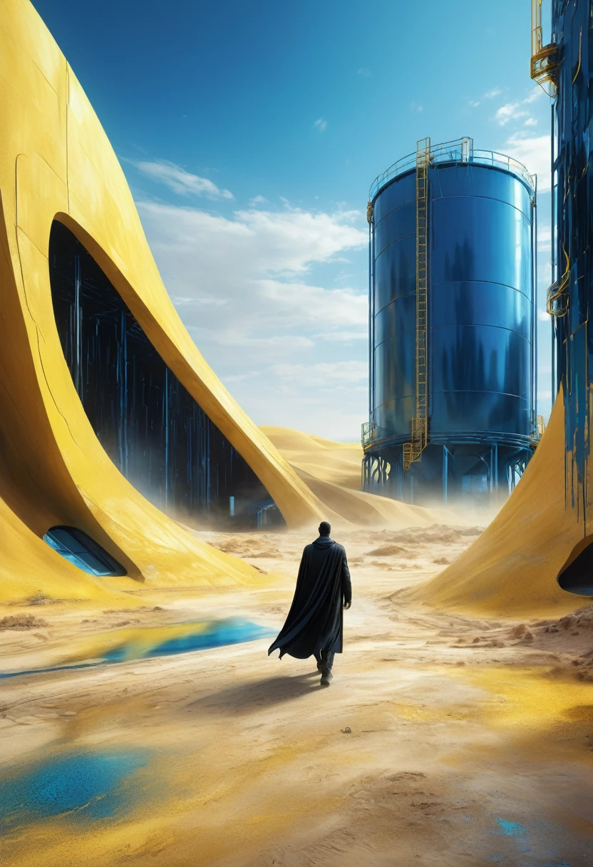 Man in black cape in the desert walking alone, mostly blue tones and small details in yellow, construction, construction site, Building in the background, floor, 8k, 4D, futuristic, water tank in the background, ornate desert, photorealism, abstract impressionism