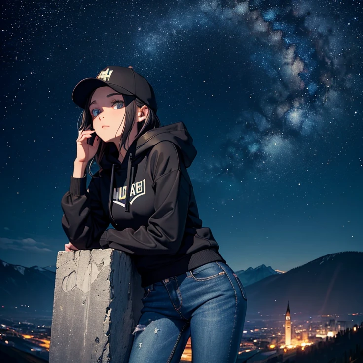 ((best quality)), ((masterpiece)), (detailed), 1 girl , black hoodie , black cap , standing position , facing backward , starry night background , mountain background , night time , jeans , cap covering the face