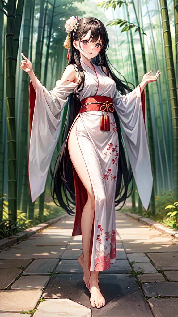 She is a charming young woman with long black hair that flows like silk, standing out against the vibrant green of the bamboo forest. Your eyes are big and expressive, a deep brown that shines with vitality. Your skin is smooth and clear, como porcelana, with a slight blush on the cheeks. 

She wears a delicate hanfu, with layers of silk in soft shades of pink and white, decorated with floral embroidery that seems to come to life with every movement. Your bare feet move gracefully across the bamboo floor, while she dances with lightness and fluidity, almost like you&#39;re floating. Your movements are elegant and harmonious, reflecting the tranquility and natural beauty of the forest around you. 1080. アニメ. High definition 