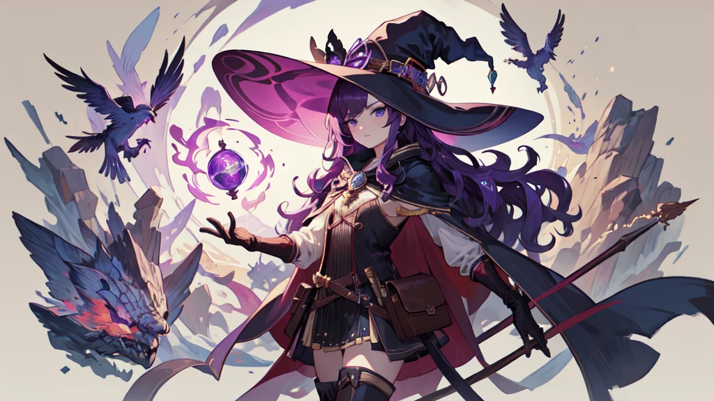 Clear lines,flexist color, Fantasy Class,witch, 1 Girl, Cowboy shooting,Watching_exist_Viewer, Purple Hair,Long hair,Long Wavy Hair, cape,Gloves,skirt,witch hexist,leexisther boots,Black socks, pexistterns,decorexistion, casting great spell