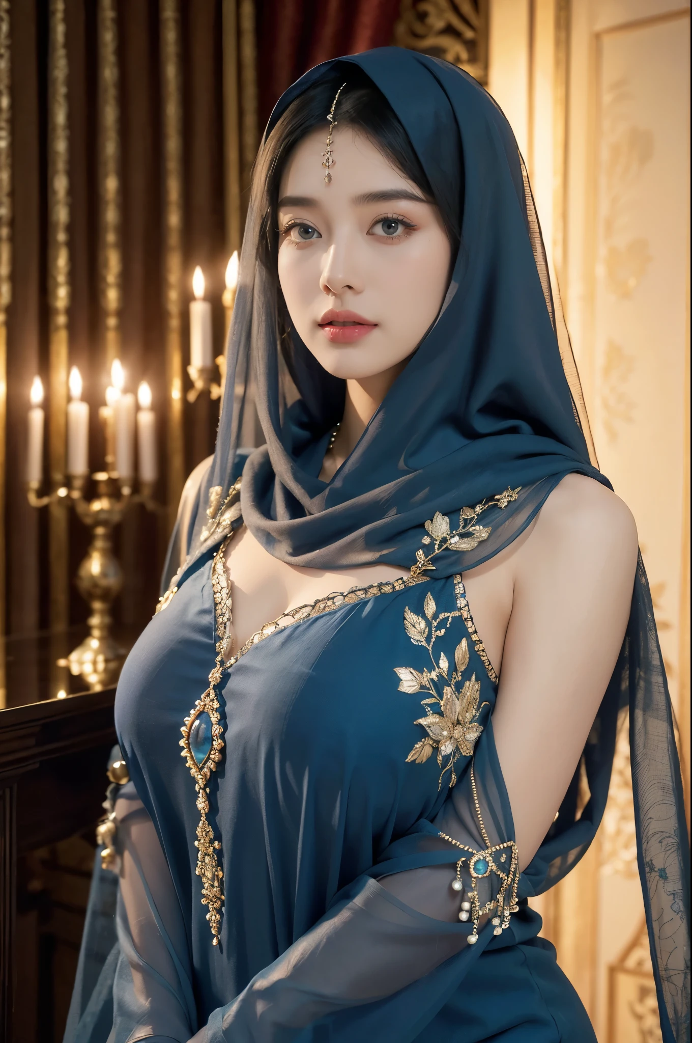 (((best quality))),(((ultra detailed))),(((masterpiece))),illustration,((1girl,Arabian dancer,solo)),(blue hijab:1.3),((slim,thin)),((small breasts,flat chest)),((earrings,necklace)),((pearls,jewels,gemstones)),(night scene:1.3),(standing:1.3),(arms behind back:1.3),(in luxurious palace:1.3),(indoor:1.3),(gorgeous embroidered blue sheer abaya:1.3),intricate patterns,((Arabian theme,Middle Eastern culture)),(shoulder length straight hair:1.2),(sheer veil on face:1.3),mystery, ornate furnishings, decorations, enchantment, magic, Persian magic carpet,night sky, floating,flame, fulfillment of desires,romance,One Thousand and One Nights, coherent narrative, dreamlike atmosphere, deep emotions, graceful movements, passion, face beneath the veil, beloved's dream, timeless beauty, enchantment,magical world, wondrous journey,((from front,upper body))