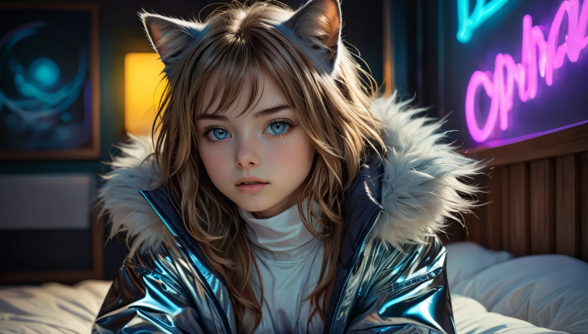 ((barely legal cat girl, with cat ears and choker, ((in an shiny open puffer with plunging neckline, wide cleavage, deep neckline)), small perky breasts, beautiful detailed eyes, beautiful detailed lips, small closed mouth, extremely detailed face, pale skin, random long hairstyle, small hips, next to a bed with silk sheets, fear on the face)), moody atmosphere, dramatic and random neon colors, futuristic setting, intricate details, night, backlight, full body shot, view from a distance, random pose