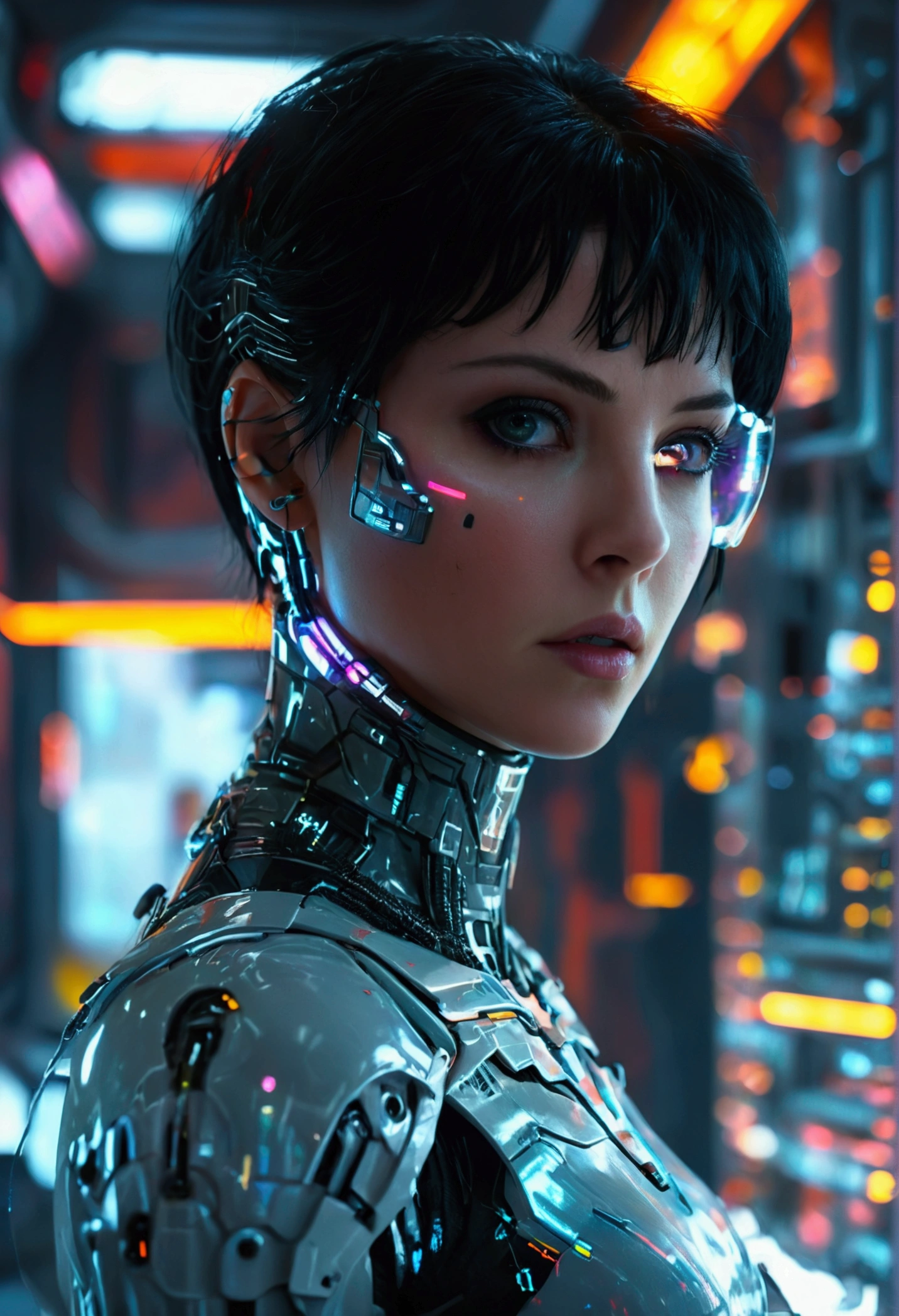 a bionic woman with short black hair, gray eyes, in a futuristic Laboratory, cinematic sci-fi, dark atmosphere, cyberpunk, ultra-detailed, 8k, HDR, hyper-realistic, dramatic lighting, intricate machinery, holographic displays, sleek architecture, dystopian future, moody colors, neon accents