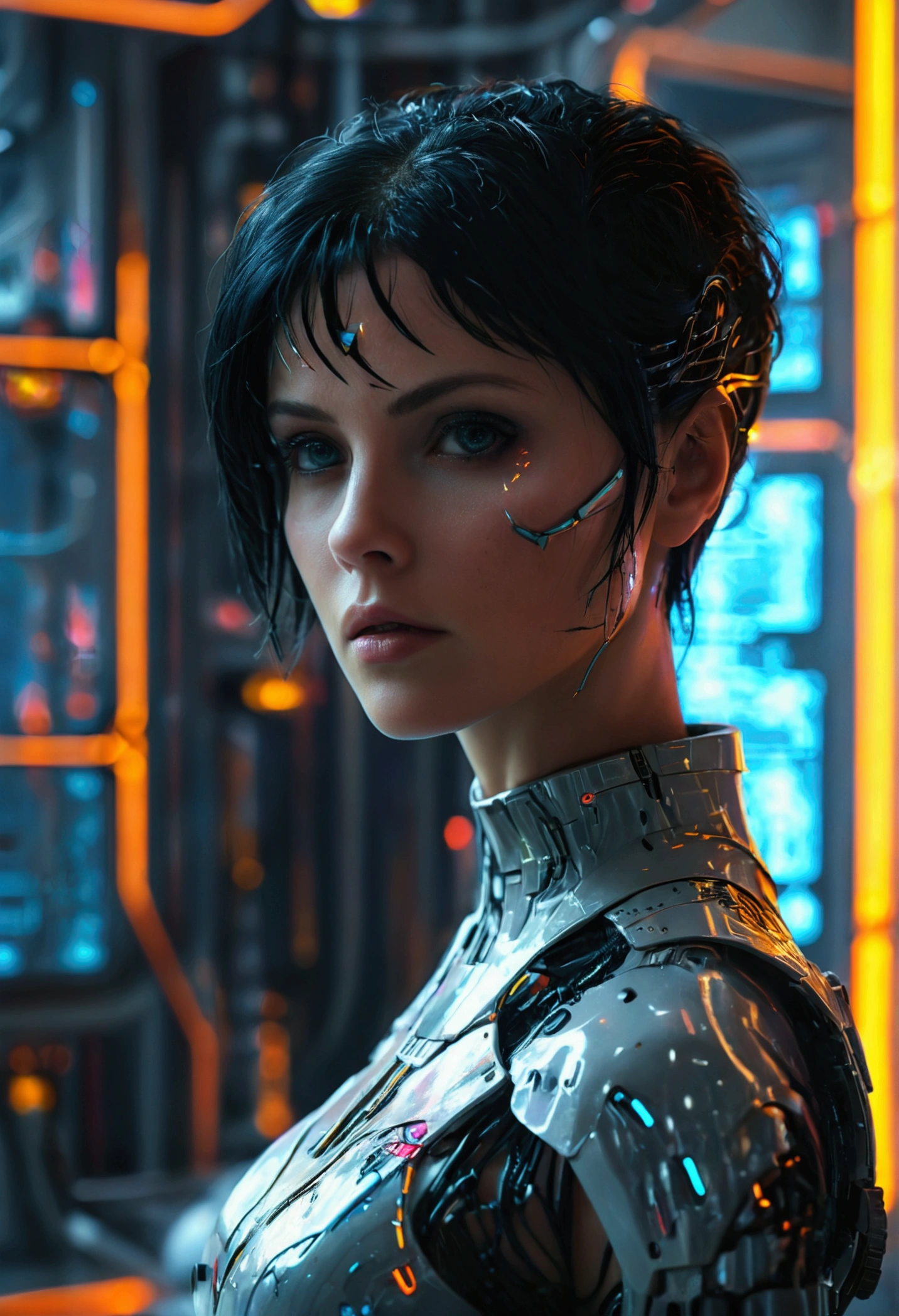 a bionic woman with short black hair, gray eyes, in a futuristic Laboratory, cinematic sci-fi, dark atmosphere, cyberpunk, ultra-detailed, 8k, HDR, hyper-realistic, dramatic lighting, intricate machinery, holographic displays, sleek architecture, dystopian future, moody colors, neon accents