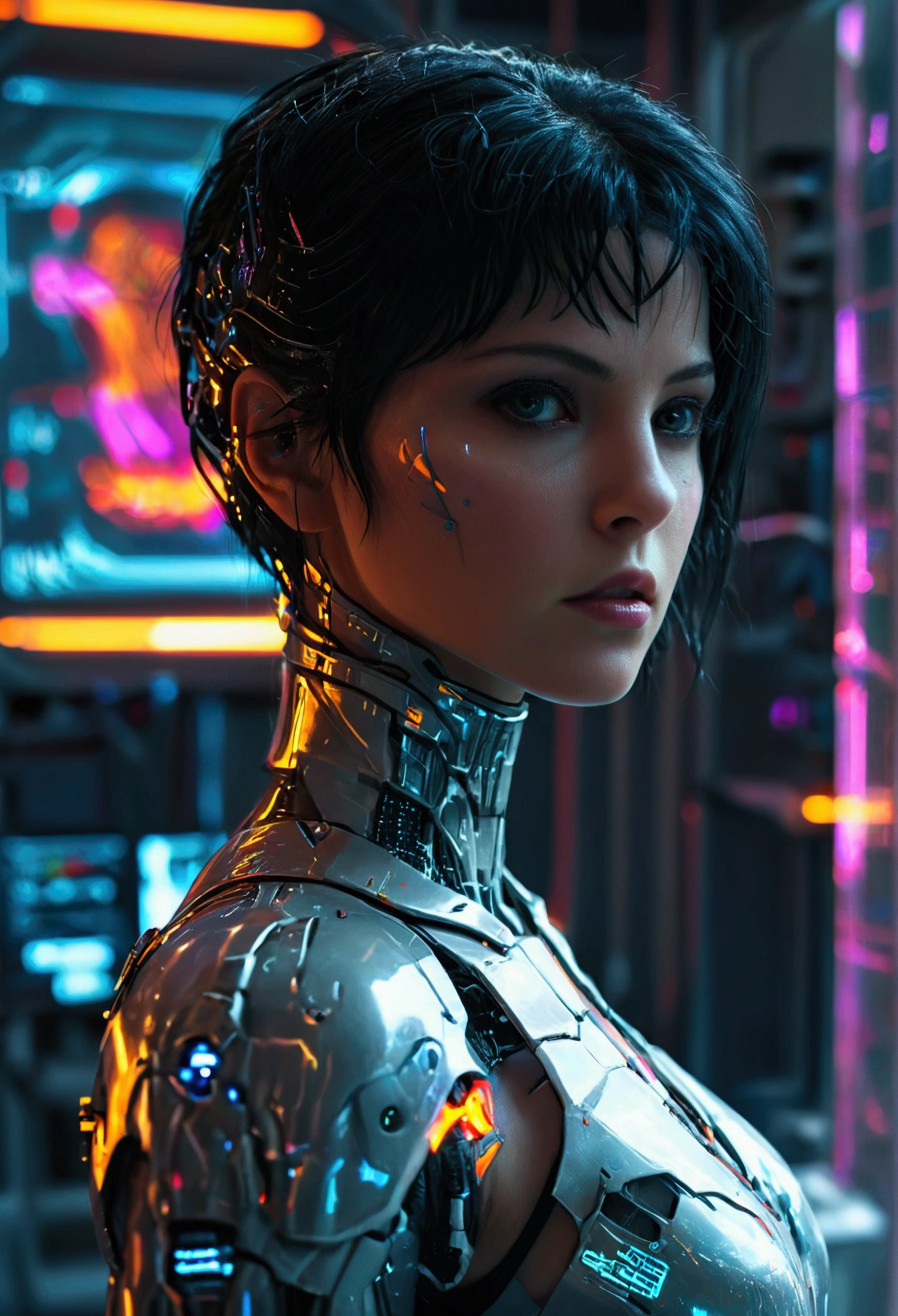 a bionic woman with short black hair, gray eyes, in a futuristic Laboratory, cinematic sci-fi, dark atmosphere, cyberpunk, ultra-detailed, 8k, HDR, hyper-realistic, dramatic lighting, intricate machinery, holographic displays, sleek architecture, dystopian future, moody colors, neon accents