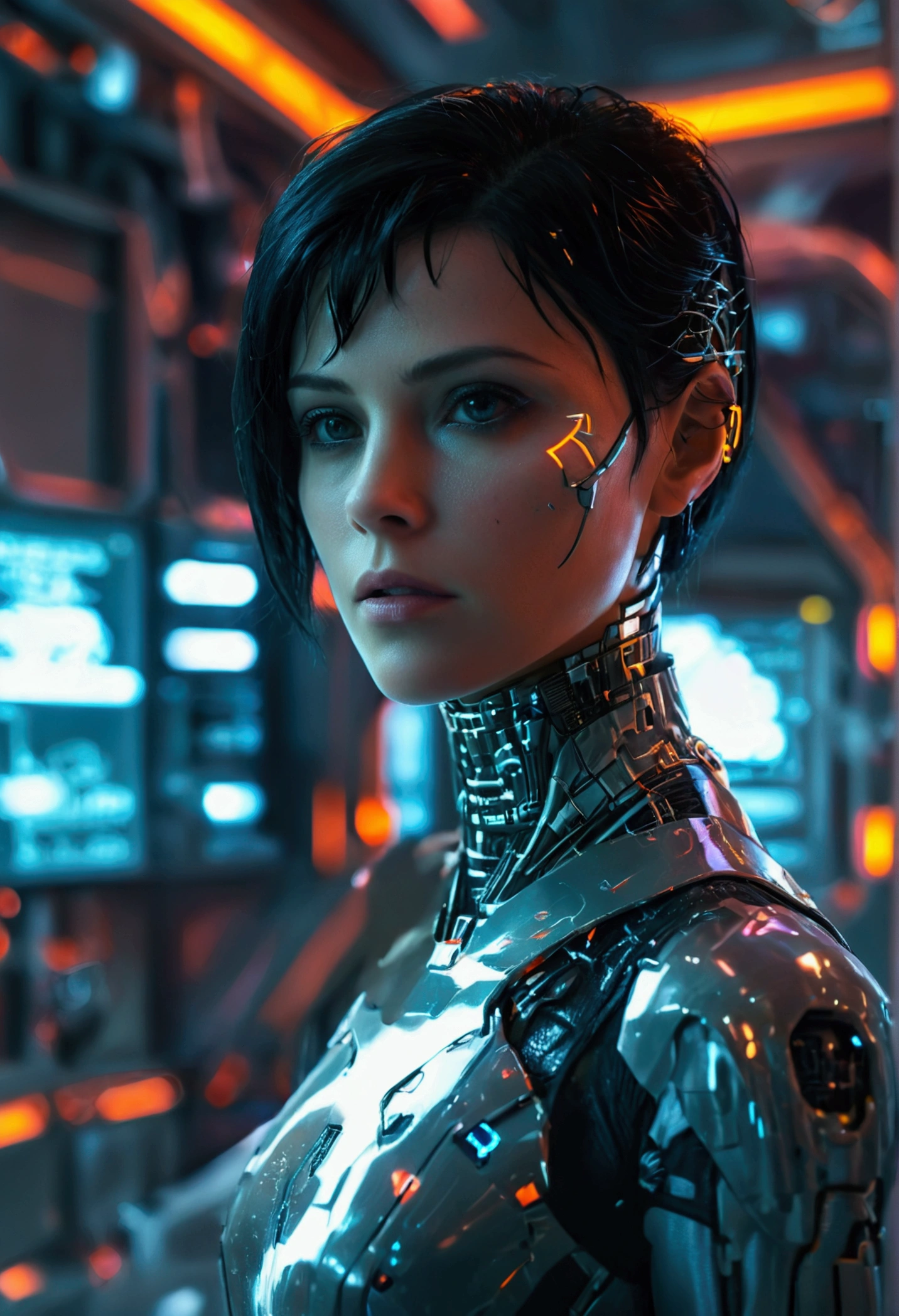 a bionic woman with short black hair, gray eyes, in a futuristic Laboratory, cinematic sci-fi, dark atmosphere, cyberpunk, ultra-detailed, 8k, HDR, hyper-realistic, dramatic lighting, intricate machinery, holographic displays, sleek architecture, dystopian future, moody colors, neon accents