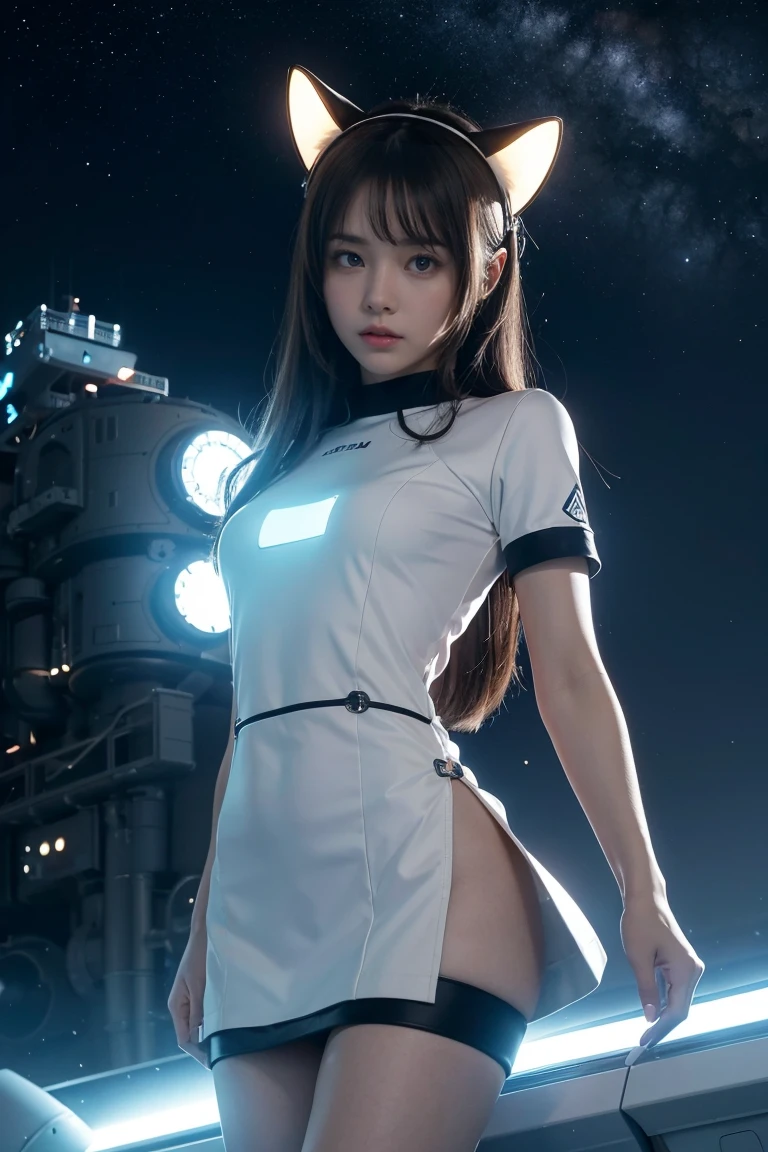 detailed eyes, full height, masterpiece, (((thin body))), (Viewers look at, 8k vector photography, very young girl, beautiful brown eyes, Realistic lighting, Detailed outfit, realistic facial features, Hyperdetail, short sleeves, Band on the head with fake cat ears of a highly detailed digital image of a massive futuristic white spaceship.) (short skirt), The ship has a robust industrial design with antennas, turrets and mechanical components protruding from its surface. The case is made mainly in bright white with blue luminous inserts, which gives it a menacing and powerful look. In the background, a dark space environment is depicted, against which celestial bodies are visible, which gives the scene depth and scale. The overall composition is dynamic, the main ship is positioned diagonally, which suggests movement and action.