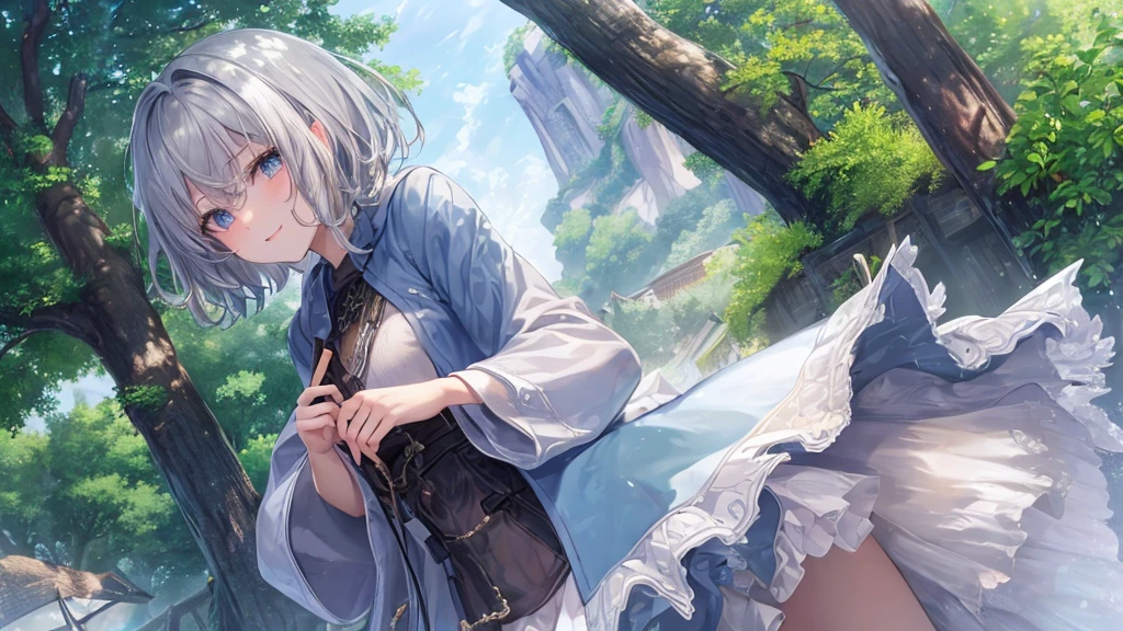 Ultra HD,Look at the viewers, Put your hands behind your back, With a girl, 20-year-old, 非常にShort Hair, Long bangs between the eyes, Pale blue eyes, Very detailed,(masterpiece、Highest quality),Gray Hair、Laughter、Fantastic, Silver Hair, Iris, Short hair、 Fluttering Hair、Small Face、明るいsmile、(Detailed face) ,Professional Lighting,Wonderful landscape,blue sky, sunlight,Looking down from above,Portraiture、Open your mouth、Flower Field、Her eyes were shining、Mysterious and enchanting atmosphere。With AI Painting、とてもShort Hair, Long bangs between the eyes, Very detailed,(masterpiece、Highest quality)、alone、Gray Hair、Fantasy, Silver Hair, Fantasyな風景、smile、Open your mouth、short hair、Short Hair、hairpin、black eye、Grey Eyes、Beautiful Eyes、Black Shirt、White hoodie