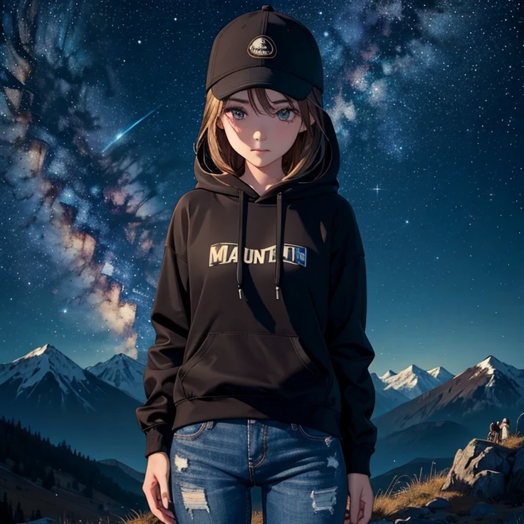((best quality)), ((masterpiece)), (detailed), 1 girl , black hoodie , black cap , standing position , facing backward , starry night background , mountain background , night time , jeans , cap covering the face