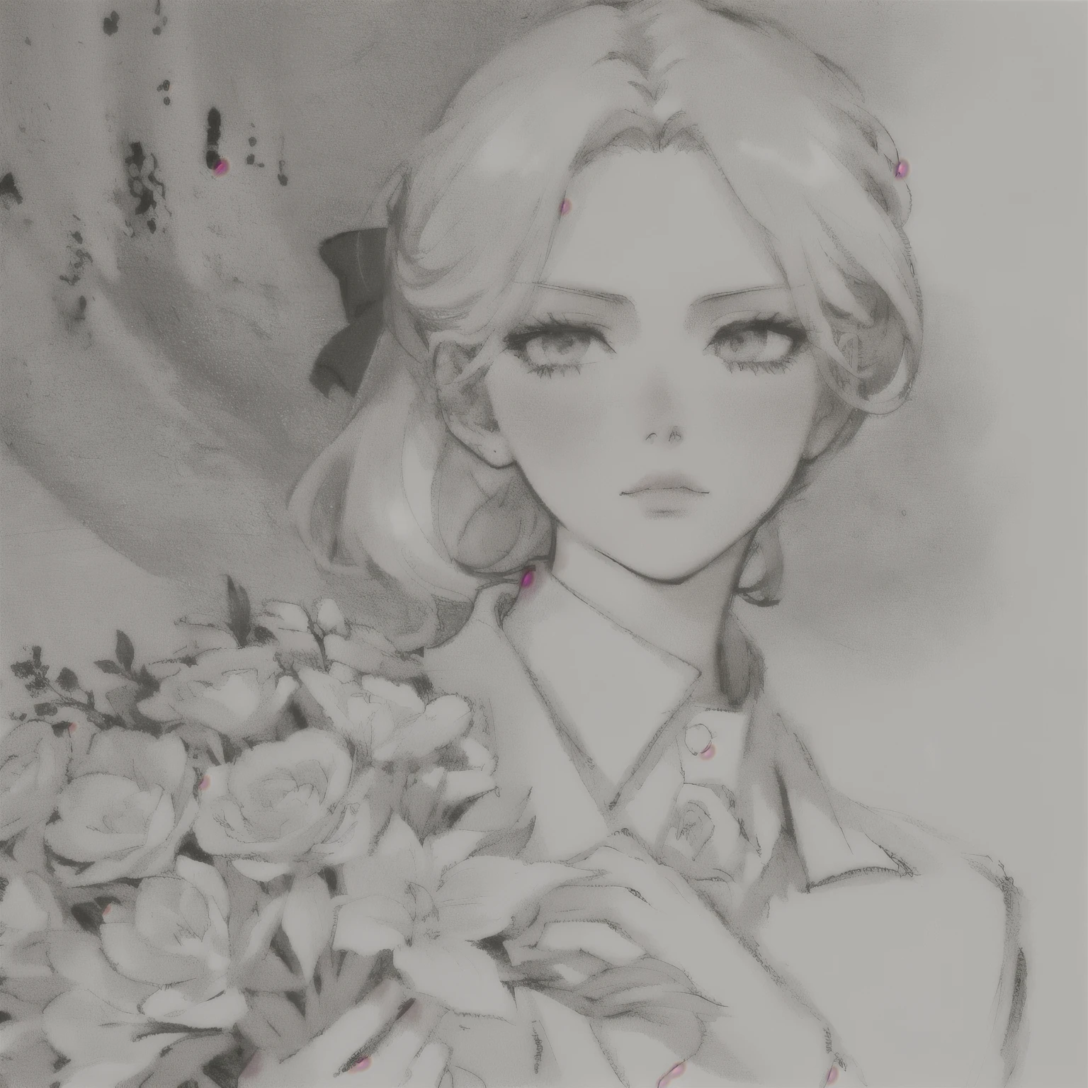 drawing of a woman with a bouquet of flowers in her hand, annie leonhart, Sui Ishida back manga, from Eizan This is a gift, Manga scans, romanticism is inherent, looking like annie leonhart, by Tsubasa Nakai, Johan Liebert teaming up with Alucard, by Naka Bokunen, by Yamagata Hiro, in manga style