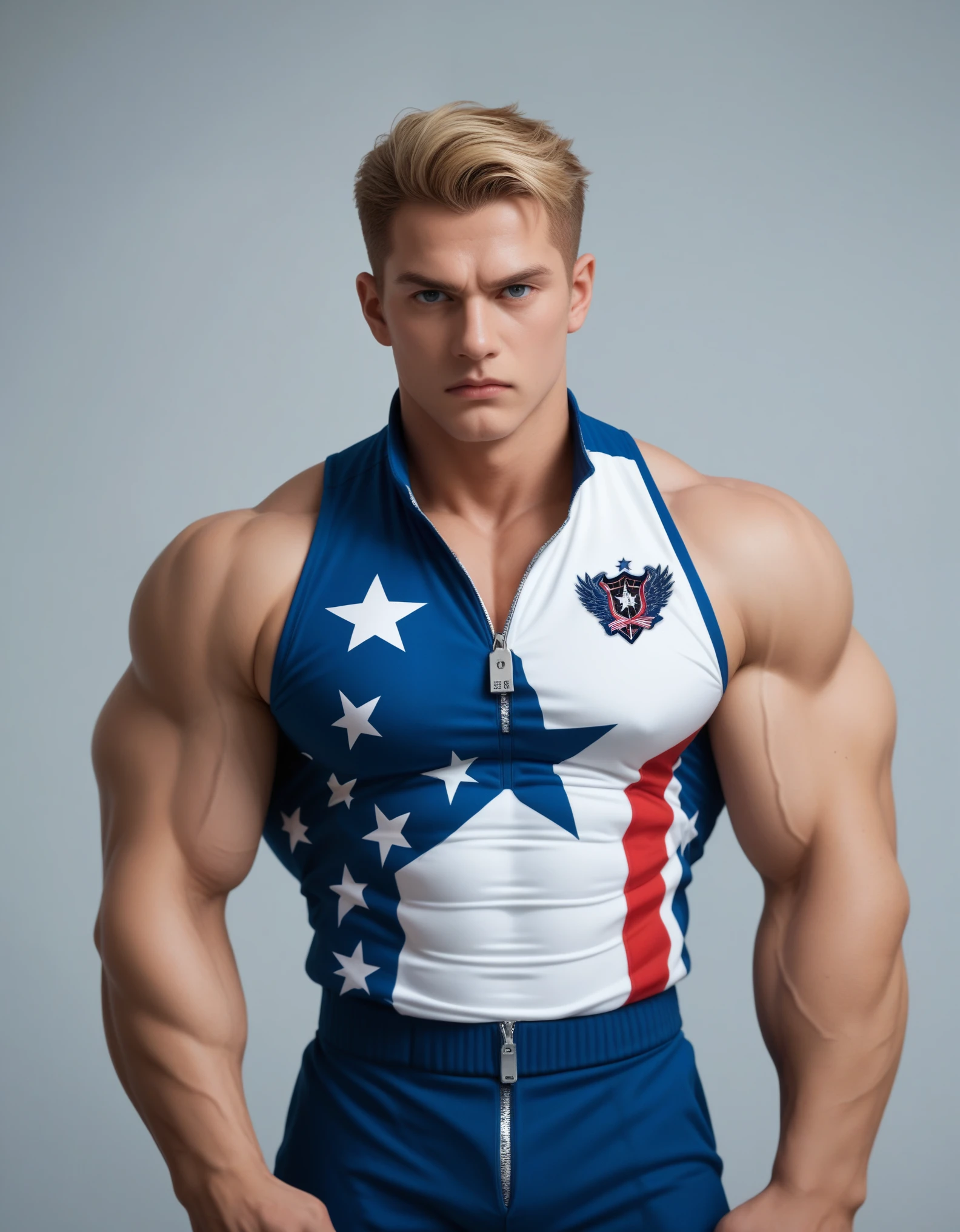 Digital illustration of a muscular male Guile capcom character with a strong, imposing stance. He has a light skin tone and a stern facial expression, with a prominent jawline and short, blonde, flat-top hair. The character is dressed in a blue sleeveless jumpsuit with a zipper down the front, revealing a white undershirt. He has an American flag tattoo on his left shoulder and a military insignia on his chest. His arms are crossed, showcasing his well-defined muscles. The background is transparent, focusing attention solely on the character. anime, anatomically correct, super detail, high quality, 4K