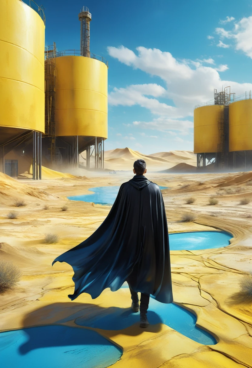 Man in black cape in the desert walking alone, mostly blue tones and small details in yellow, construction, construction site, Building in the background, floor, 8k, 4D, futuristic, water tank in the background, ornate desert, drone view, seen from a distance, photorealism, abstract impressionism