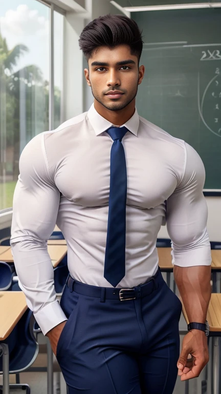 18 years old indian school boy with small beard mascular dark skin jaat with spiky hairstyle in , head to thighs, indian school boy, beautiful eyes, large lips, volumeric light, wearing opened white shirt with tight-fitting underwear and navy tie , huge bulge, muscular chest, long legs, left neck look, Wide shoulders, nice detailed hands, standing in school classroom wirh spread legs background, sunny day, daylight, His perfect( big huge bulge) is (coming out) of his pant,masterpieces