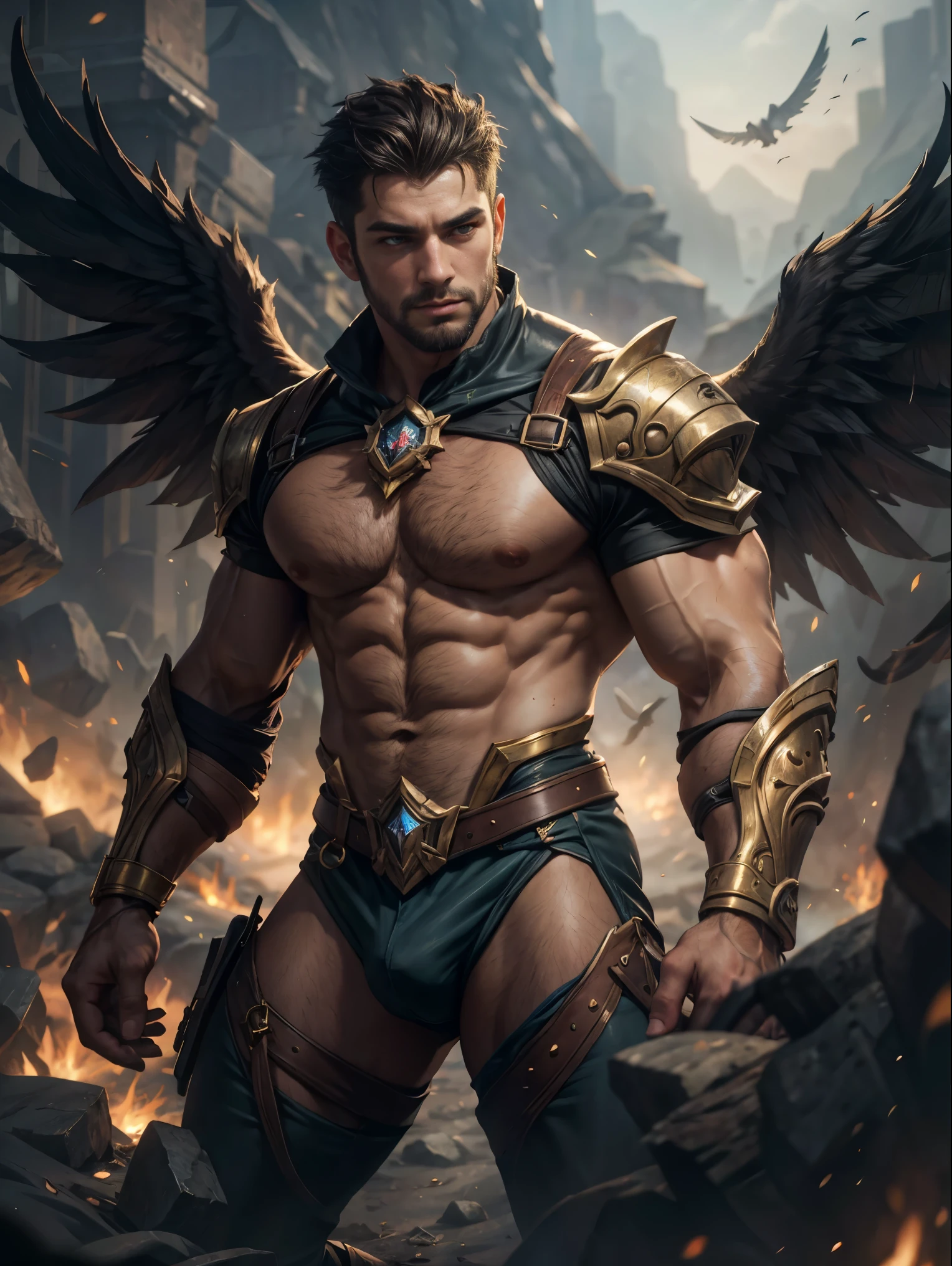 a man, (fantasy style), (best quality, 4K, 8K, high-resolution, masterpiece), ultra-detailed, intricate designed, vibrant colors, otherworldly appearance, glowing elements, complex patterns, dynamic lighting, cinematic composition, high detail, high resolution, (league of legends style), BadDream, bhands