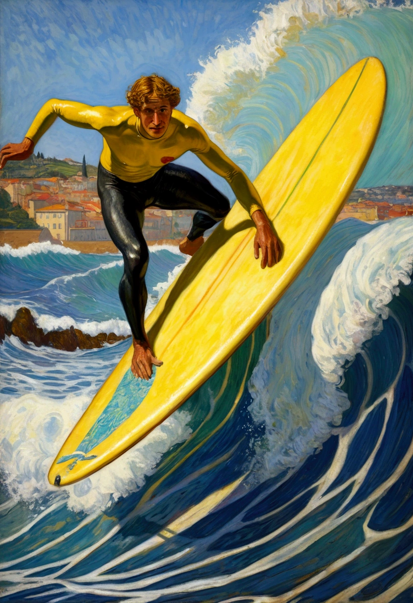 Surfing Surfer on surfboard, high waves, by Pierre Bonnard, full body, cinematic still, (best quality, masterpiece, photorealistic), very aesthetic, perfect composition, intricate details, ultra-detailed, vivid colors