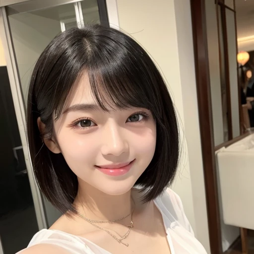 20-year-old women、Japanese、Beauty、smile、The eyes are double、blouse、Beautiful Skin、Glossy Lips、Black short hair、whole body、Selfie