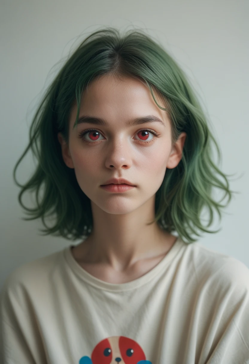  guy with pale skin, black and green hair, and bright red eyes like a puppy dog&#39;s, half of the face burnt, big sharp bones, stands against the backdrop of a dark abandoned laboratory 