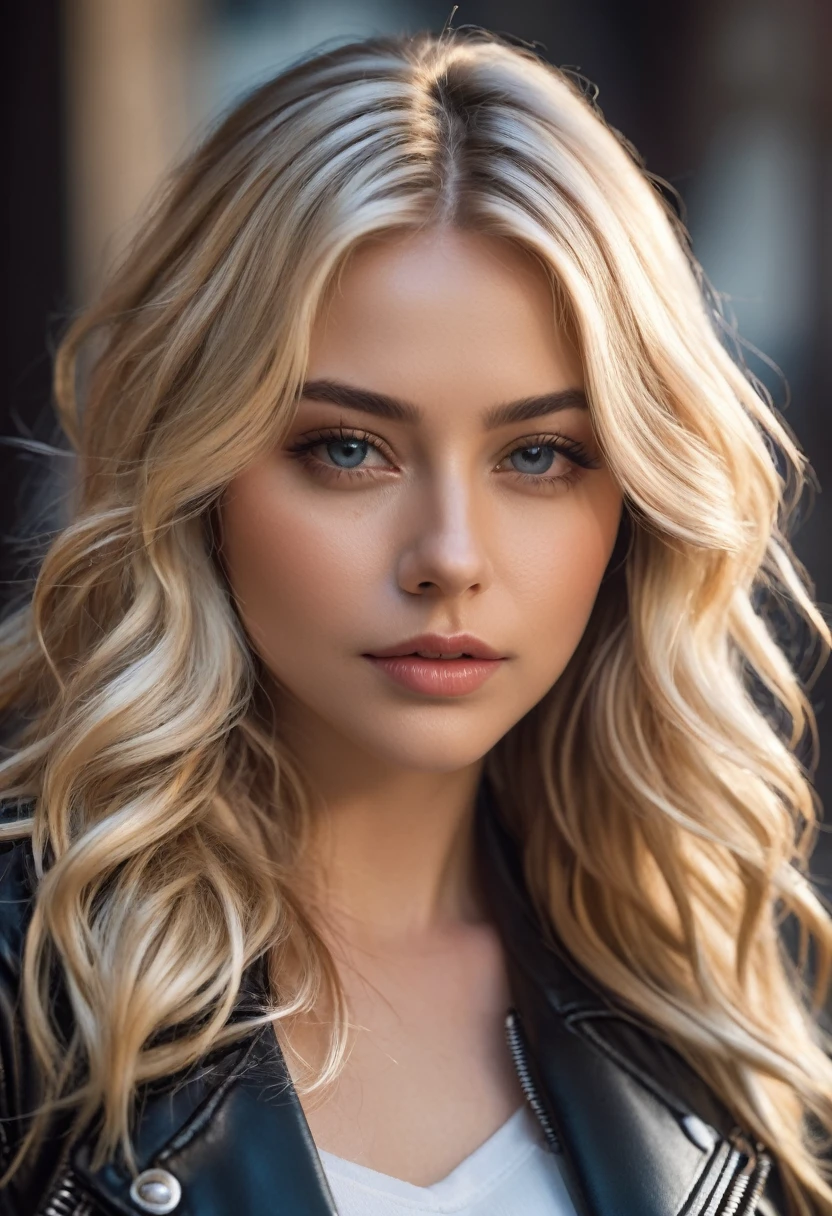 An attractive woman with long, wavy blonde hair, youthful, Half-tied hair, curvy, Leather jacket, absurd hyper realistic, raw photo, UltraHD 8K, high quality, film grain, (highly detailed skin:1.2)