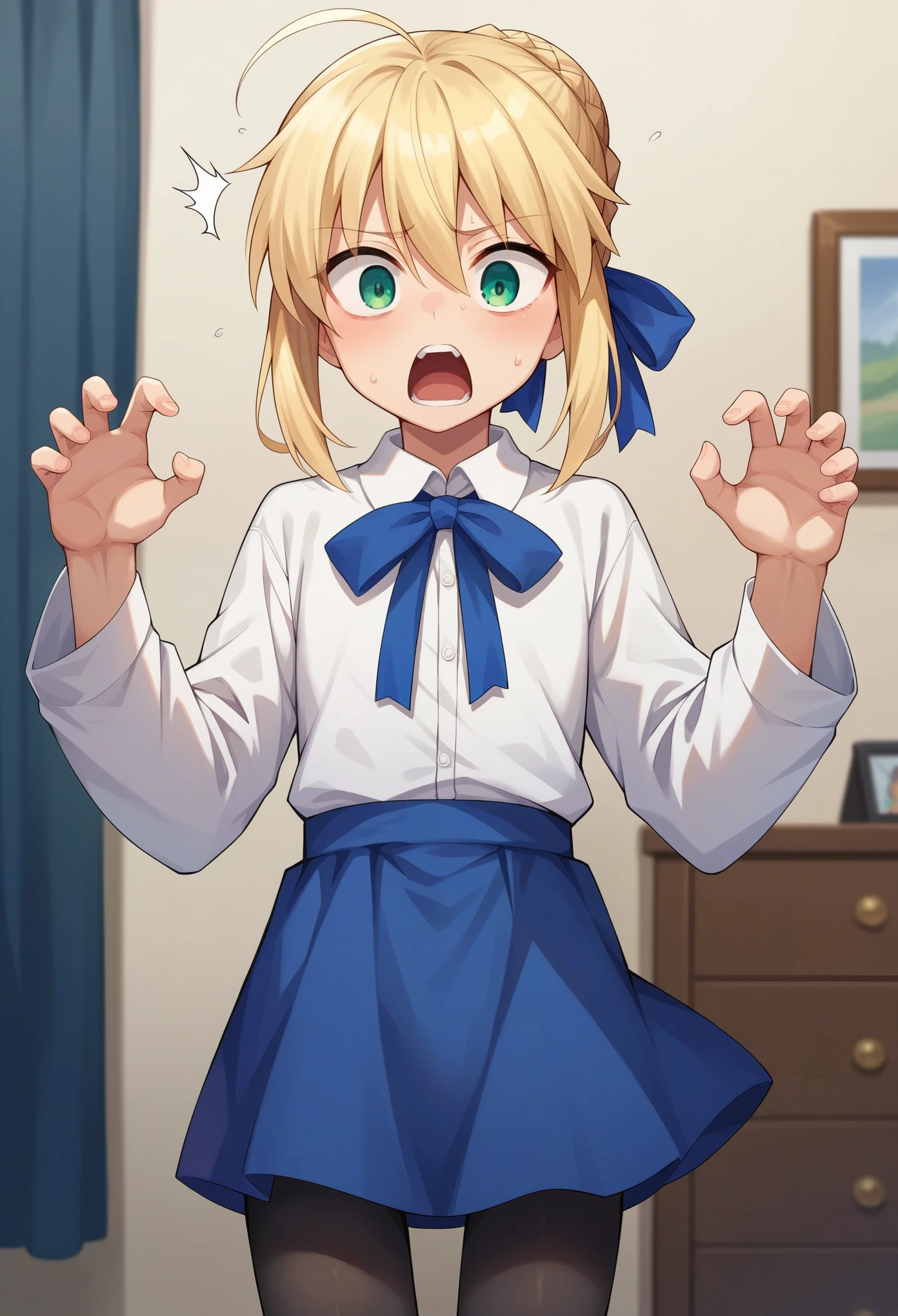 score_9,score_8_up,score_7_up, 1girl, solo, kid, flat chest, character: artoria_pendragon_(fate), character: saber_(fate), green_eyes, hair_between_eyes, blonde_hair, short_hair, single_hair_bun, ahoge, braid, braided_bun, hair_bun, hair_ribbon, sidelocks, shirt, white_shirt, blue_ribbon, long_sleeves, ribbon,blue_skirt, (black pantyhoses), shocking, shocked face, screaming, stiff hands, oversized shirt, standing, looking down, indoor, bedroom, from frontal