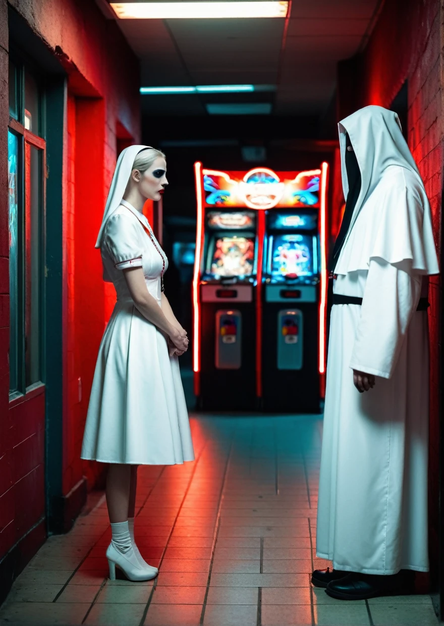 in the heart of an underground arcade, a man finds himself standing before a mysterious woman dressed in white nun attire. the nun's face is painted with striking makeup that adds a touch of darkness to her otherwise innocent appearance. the red walls and floor create a vibrant contrast against her white dress. the man can't help but feel drawn to her presence, despite the eerie ambiance surrounding them. the arcade's dim lighting casts long shadows, adding an element of suspense to their encounter. the woman stands tall, exuding an air of confidence as she gazes at him with an unreadable expression. their eyes lock, and for a moment, it feels like time has stopped. the man feels his heartbeat quicken, and he can't help but wonder what this intriguing encounter might lead to.