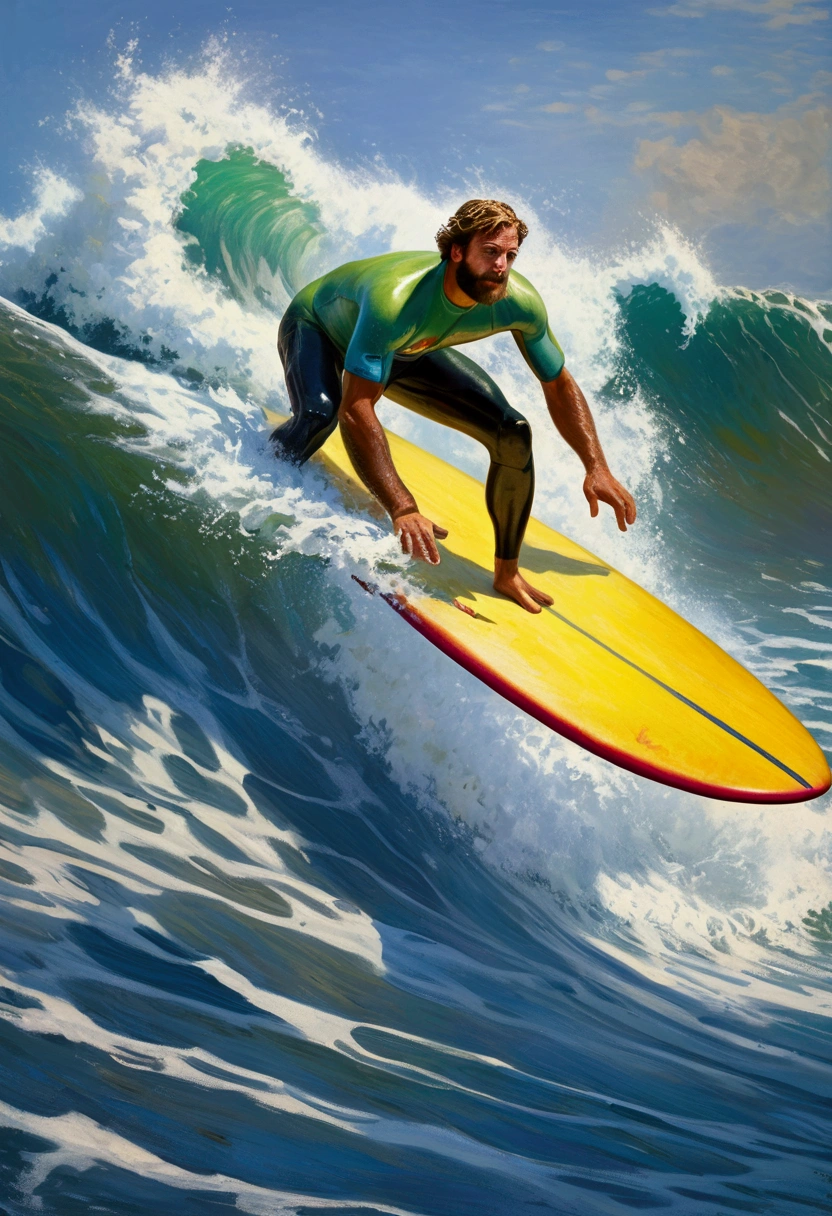 painting of a man surfing a wave in the ocean, an airbrush painting by Clint Cearley, dribbling, figurative art, You Was Wrong, Rob Rey and Kentaro in the style of Miura, Daniel Lezama Painting style, oil on canvas, makoto oil painting, oil on canvas painting, oil oncanvas, oil on canvas sharp