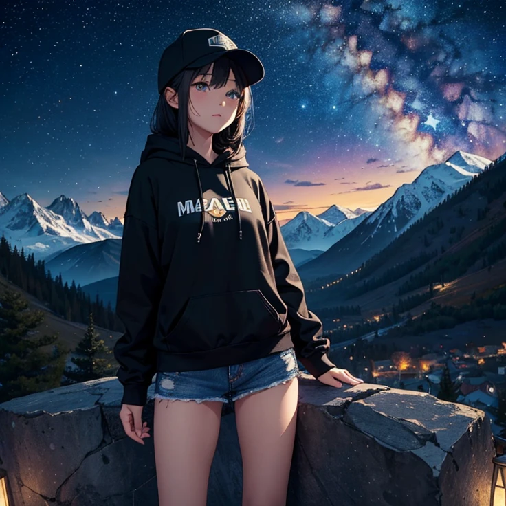 ((best quality)), ((masterpiece)), (detailed), 1 girl , black hoodie , black cap , standing position , facing backward , starry night background , mountain background , night time , jeans , cap covering the face