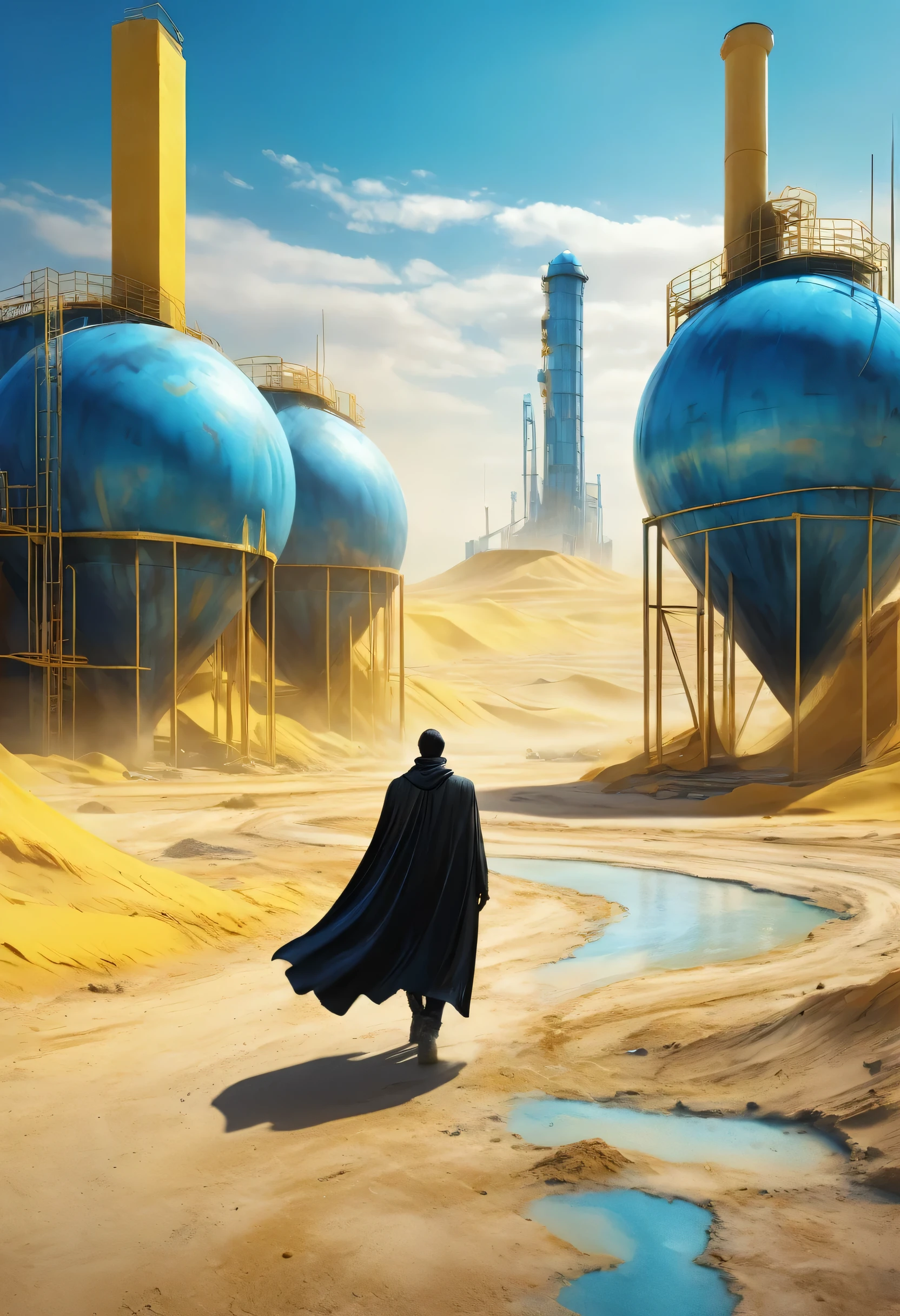 Man in black cape in the desert walking alone, mostly blue tones and small details in yellow, construction, construction site, Building in the background, floor, 8k, 4D, futuristic, water tank in the background, ornate desert, photorealism, abstract impressionism