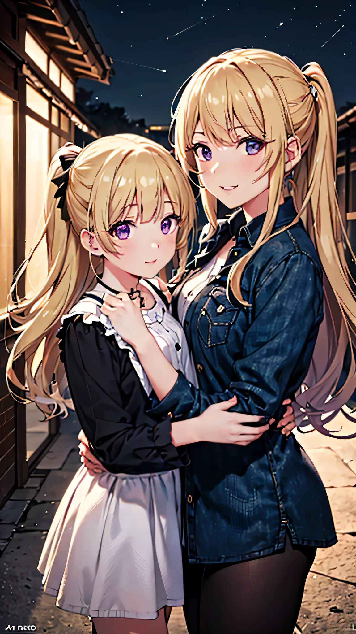 (masterpiece, best quality, absurdres), high quality, highres, ultra detailed, intricate, depth of field, cinematic lighting, soft lighting, mother and daughter, smile, Perfect fingers, five finger, violet and red eyes,