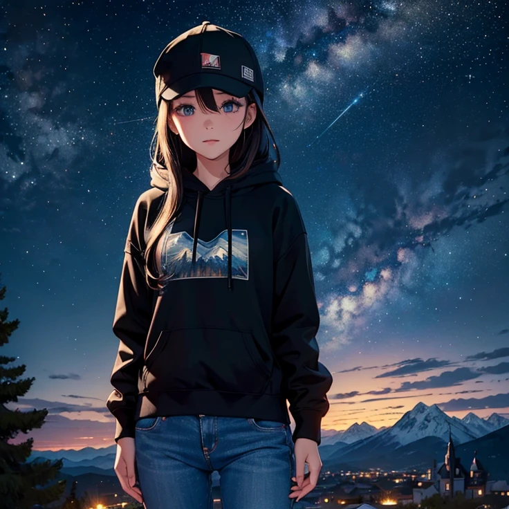 ((best quality)), ((masterpiece)), (detailed), 1 girl , black hoodie , black cap , standing position , facing backward , starry night background , mountain background , night time , jeans , cap covering the face
