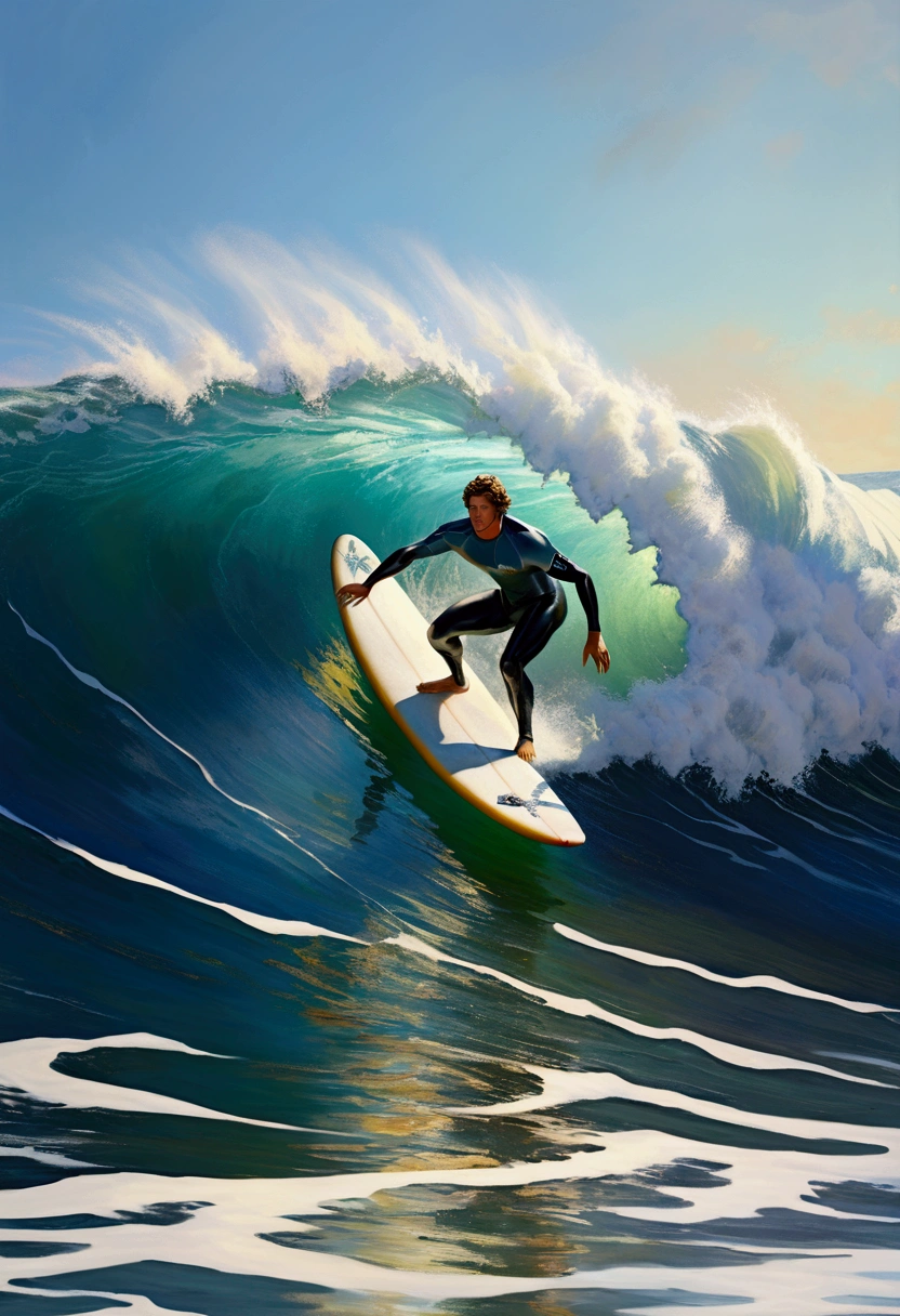Surfing Surfer on surfboard, waves, by Edward Moran, full body, cinematic still, (best quality, masterpiece, photorealistic), very aesthetic, perfect composition, intricate details, ultra-detailed, vivid colors