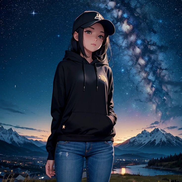 ((best quality)), ((masterpiece)), (detailed), 1 girl , black hoodie , black cap , standing position , facing backward , starry night background , mountain background , night time , jeans , cap covering the face