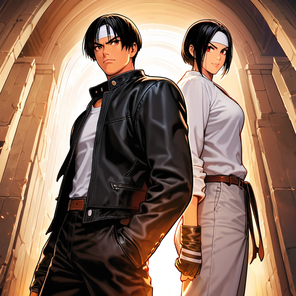 masterpiece, 2 people, ツーshot, Highest quality, 8k, Full Hand Portrait, Action pose, Fight Scene: 1. 5,(kyo kusanagi), Man has black skin、Red eyes、One person、((White headband))ツーshot、Black jacket(Roll up your sleeves)、Fingerless gloves、Black Hair、White T-shirt、Black trousers、White shoes、Brown belt、((kyo kusanagi fighting woman with same clothes and hairstyle))boyish、 good looking, shot, Charming, masterpiece, High resolution, Detailed face, Fine particles, morning, A confident smile, Fighting man and woman with the Arles amphitheatre in the background, Same hairstyle, Same hairstyleと服装の男女, Angry face: 1. Attack Speed 5, Fast Attack, Angry face, Angry face