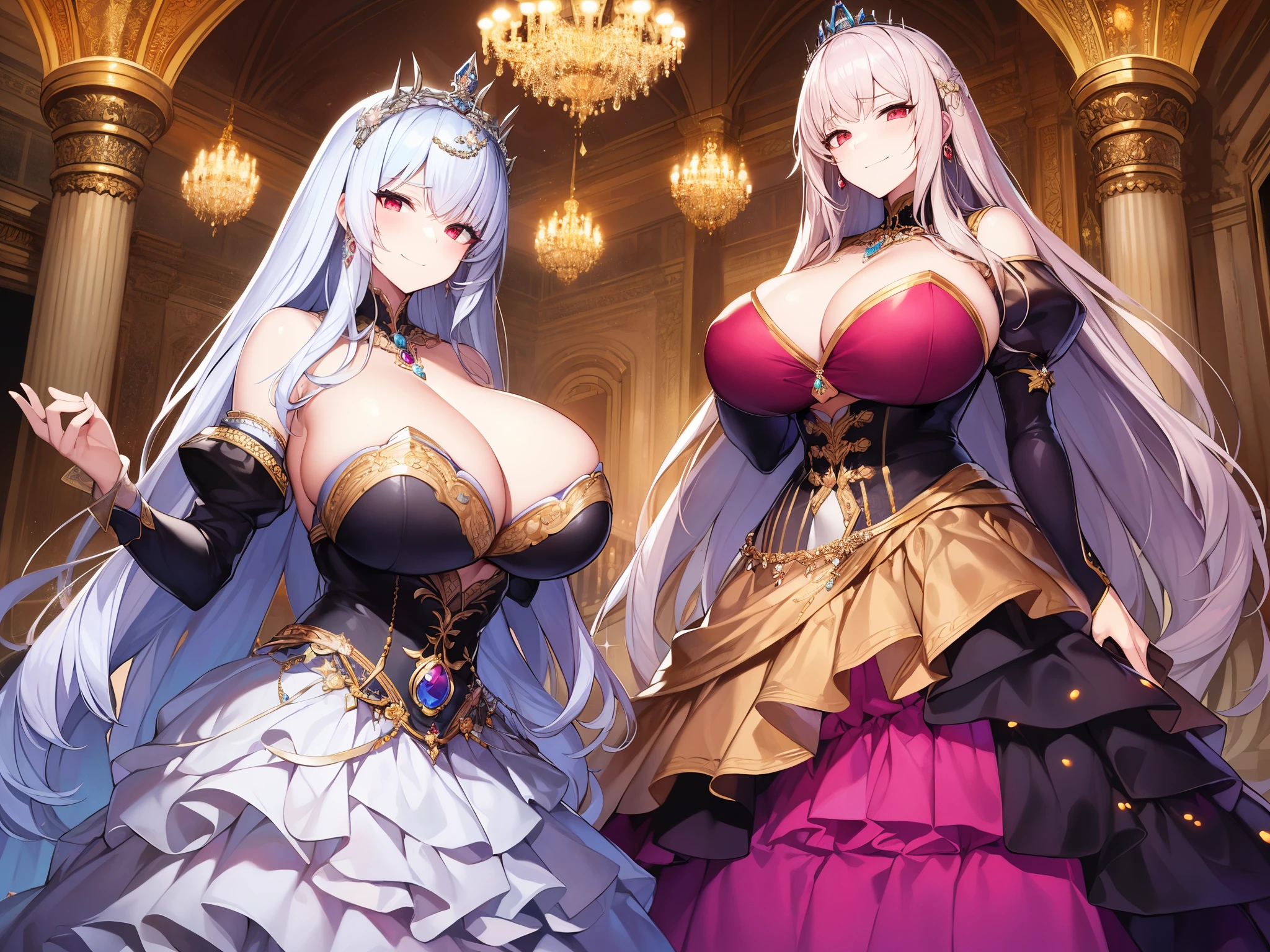 anime artstyle,((((An old queen and a age princess with different hair colors)))),couple focus,((absurdly long Straight hair,Red Eyes)),(((beautiful embroidery and jeweled gorgeous rococo ballgown with voluminous full length crinoline hoop skirt))),(((absurdly gigantic tits,curvy))),deep cleavage,Skindentation,((detailed face and eyes)),extremely gorgeous hair ornament,((extremely gorgeous big tiara)),luxurious jewelry,((beautiful embroidery and jeweled gorgeous rococo ballgown with voluminous full length crinoline hoop skirt)),(((absurdly gigantic tits))),gorgeous palace,((standing pose,Contrasting poses)),((((Arrogant smile)))),(An old queen and a teenprincess with different hair colors))