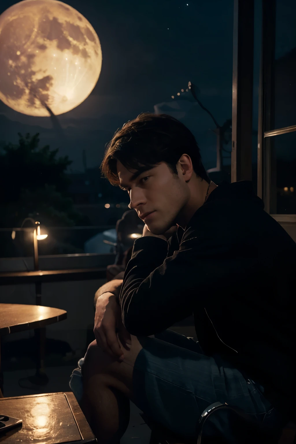 create an image of a guy in this image, I’m sitting on a chair and I only dream about you alone, all my thoughts are only about you alone, oh how I regret, how I regret that on that beautiful night under the light of the graceful beautiful moon I didn’t smack you in the mouth