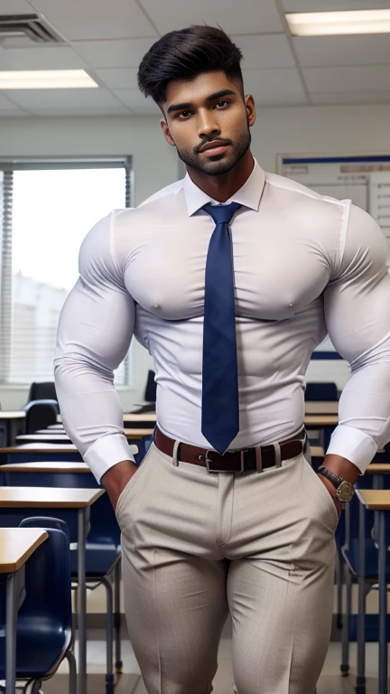 18 years old indian school boy with small beard mascular dark skin jaat with spiky hairstyle in , head to thighs, indian school boy, beautiful eyes, large lips, volumeric light, wearing opened white shirt with tight-fitting trouser and navy tie , huge bulge, muscular chest, long legs, left neck look, Wide shoulders, nice detailed hands, standing in school classroom wirh spread legs background, sunny day, daylight, His perfect( big huge bulge) is (coming out) of his pant,masterpieces