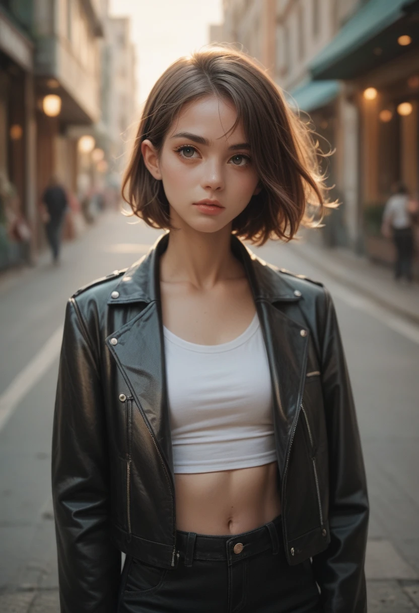 pretty young woman wearing leather jacket