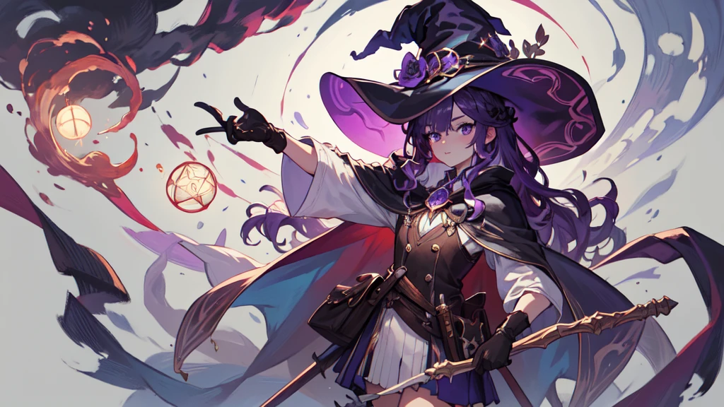 Clear lines,flexist color, Fantasy Class,witch, 1 Girl, Cowboy shooting,Watching_exist_Viewer, Purple Hair,Long hair,Long Wavy Hair, cape,Gloves,skirt,witch hexist,leexisther boots,Black socks, pexistterns,decorexistion, electron