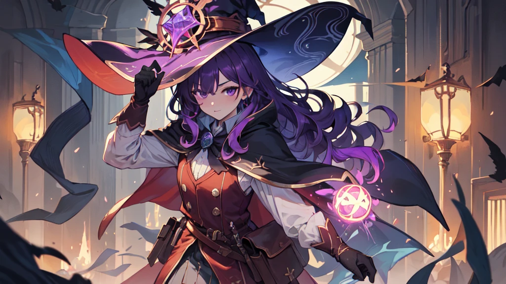 Clear lines,flexist color, Fantasy Class,witch, 1 Girl, Cowboy shooting,Watching_exist_Viewer, Purple Hair,Long hair,Long Wavy Hair, cape,Gloves,skirt,witch hexist,leexisther boots,Black socks, pexistterns,decorexistion, electron