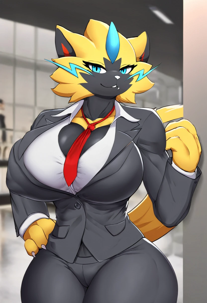 female, zeraora, furry, fluffy, cat nose, fluffy body, y, muscular, business suit, grey suit, red tie, busig ass, musar