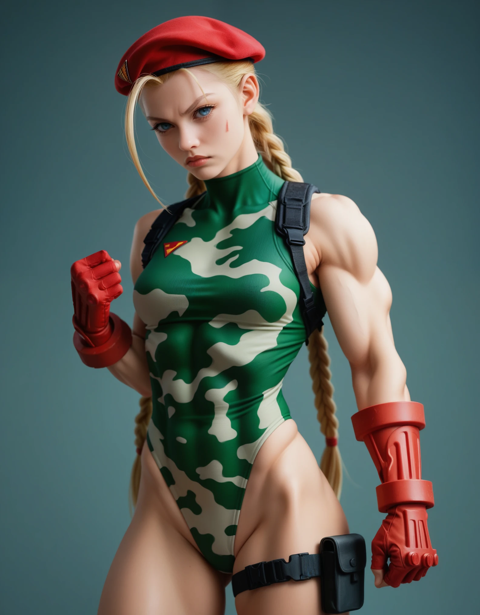 Digital illustration of a female character Cammy White with a muscular build, wearing a green, form-fitting bodysuit. She has long blonde hair styled in two braids, a red beret, and red gloves. Her facial expression is serious, with blue eyes and a determined look. The character's skin is fair, and she has green camouflage paint on her legs. The illustration is highly detailed, with a focus on the character's strong physique and intense expression. anime, anatomically correct, super detail, high quality, 4K