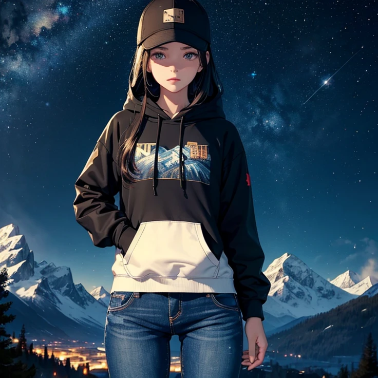 ((best quality)), ((masterpiece)), (detailed), 1 girl , black hoodie , black cap , standing position , facing backward , starry night background , mountain background , night time , jeans , cap covering the face