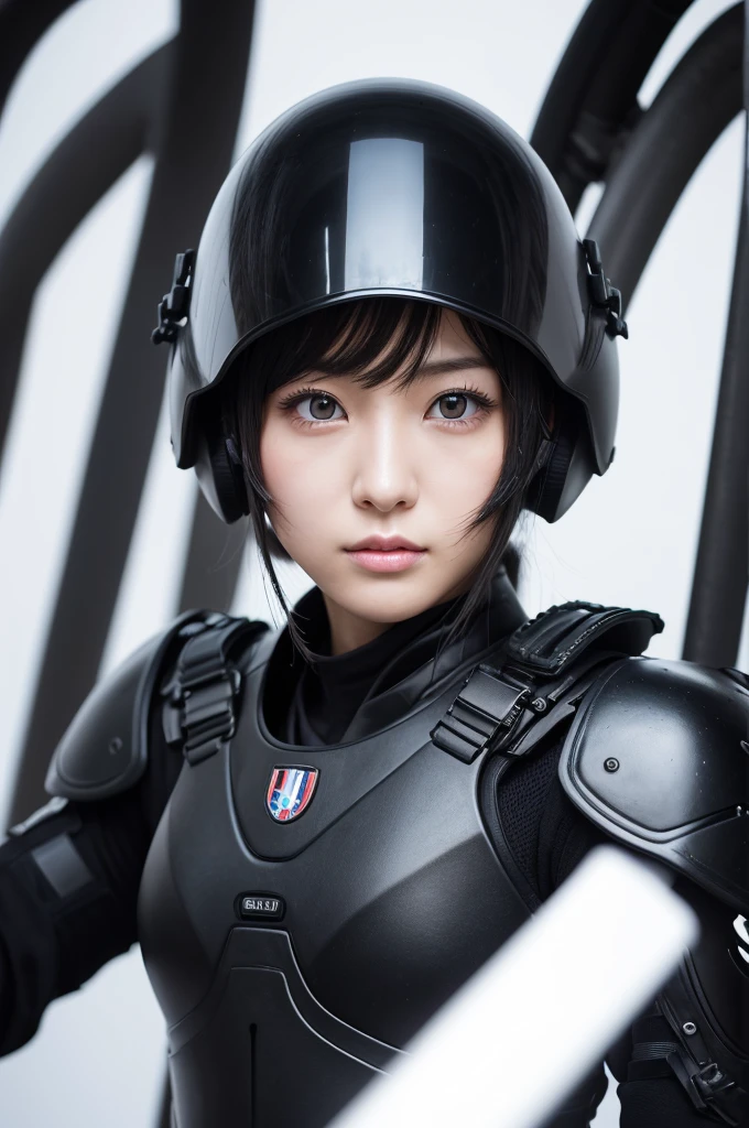 masterpiece, High resolution, perfect face, beauty of Japan, 30 years old, beautiful face, white background, Women in the Army , black tight modern combat suit, embarrassed look, look at the camera, (top quality eyes), detailed texture, look at me, ((high resolution eyes)), hentai
