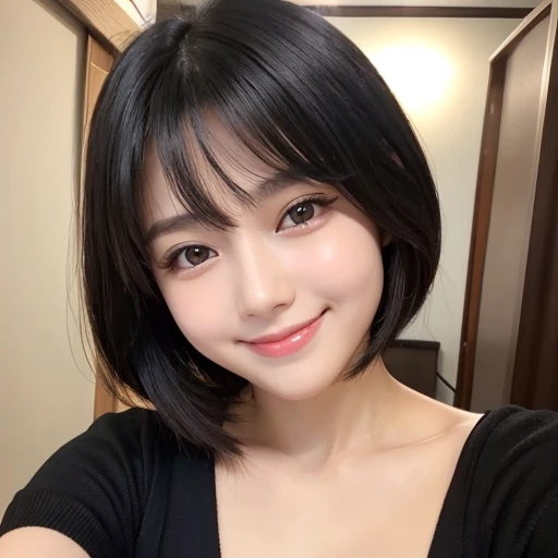 20-year-old women、Japanese、Beauty、smile、The eyes are double、blouse、Beautiful Skin、Glossy Lips、Black short hair、whole body、Selfie