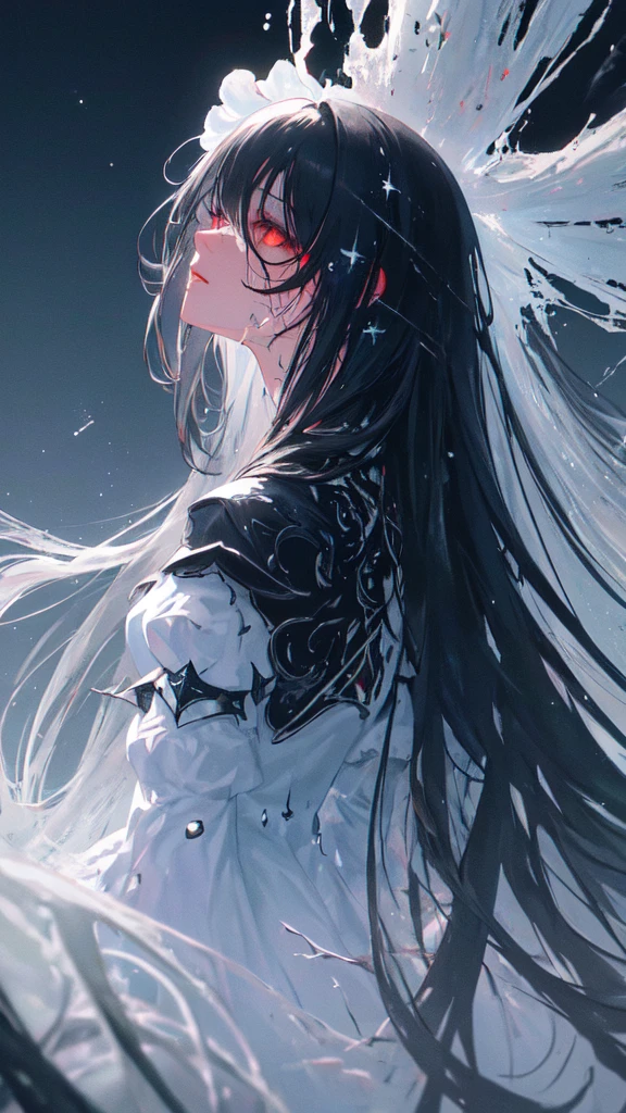 (masterpiece, best quality, ultra-detailed, best shadow), (detailed background,dark fantasy), (beautiful detailed face), high contrast, (best illumination, an extremely delicate and beautiful), ((cinematic light)), colorful, hyper detail, dramatic light, intricate details, (1 girl, 独奏,black hair, sharp face,Long Hair,red eyes, hair between eyes,dynamic angle), blood splatter, swirling black light around the character, depth of field,black light particles,(broken glass),water,Long black hair,water,profile,Looking up at the sky,Pure white background,Are standing,Night Sky,Shining Star,milky way,Moon and sun,blue sky